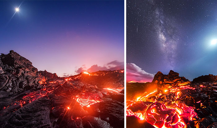 Photographer Risks Getting Burned To Capture Lava, Meteor, Milky Way And Moon In A Single Shot