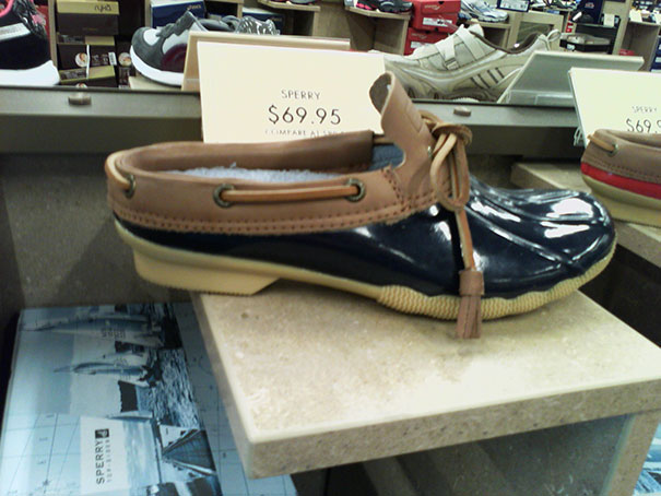 Blue shoe with price tag