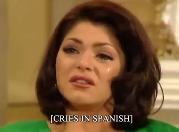 Picture of crying woman and subtitles of Cries in Spanish