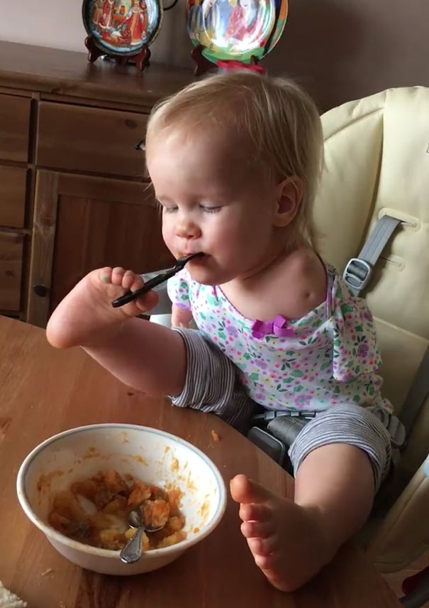 Toddler Born Without Arms Learns To Feed Herself Using Her Feet