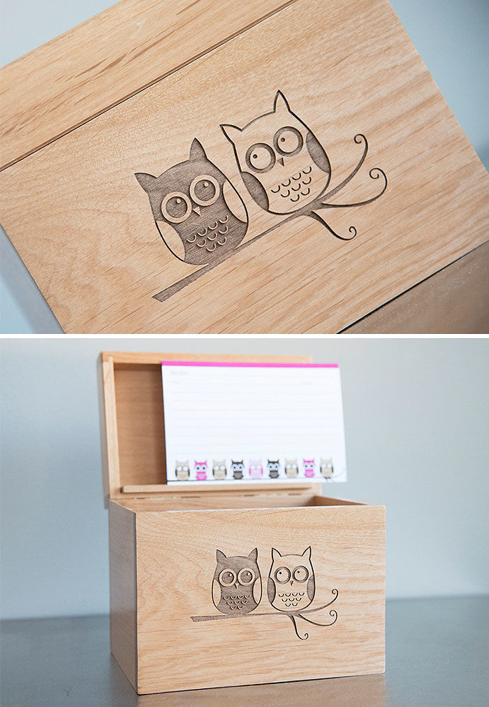 Wooden Recipe Box With Owls