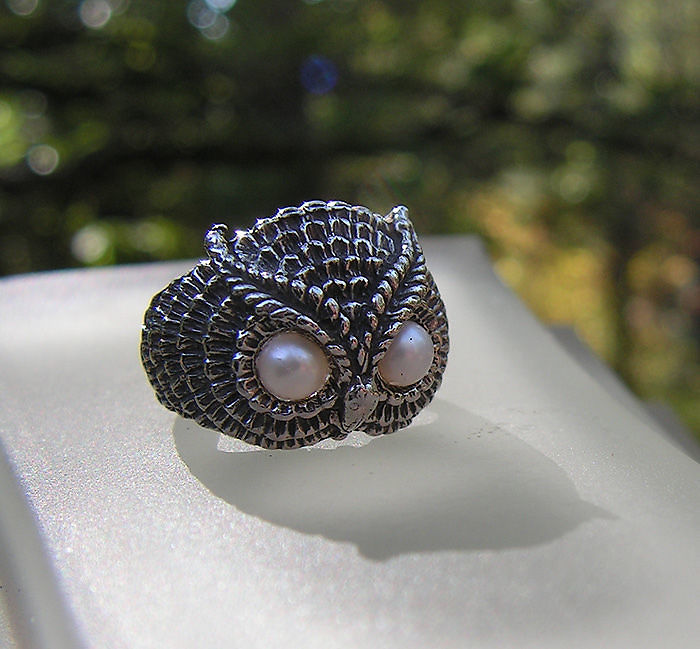 Silver Owl Ring With Pearl Eyes