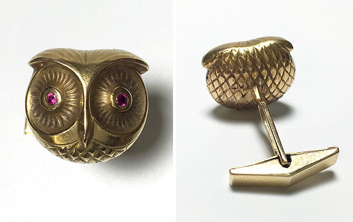 Gold Owl Cufflinks With Ruby Eyes