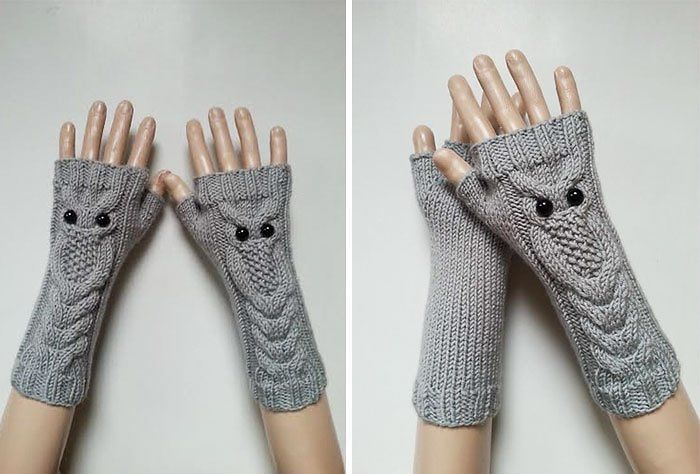 Owl Hand-knitted Fingerless Gloves