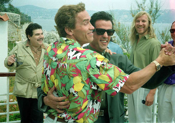 Sylvester Stallone And Arnold Schwarzenegger Dancing In Antibes, At The Cannes Film Festival, 1990