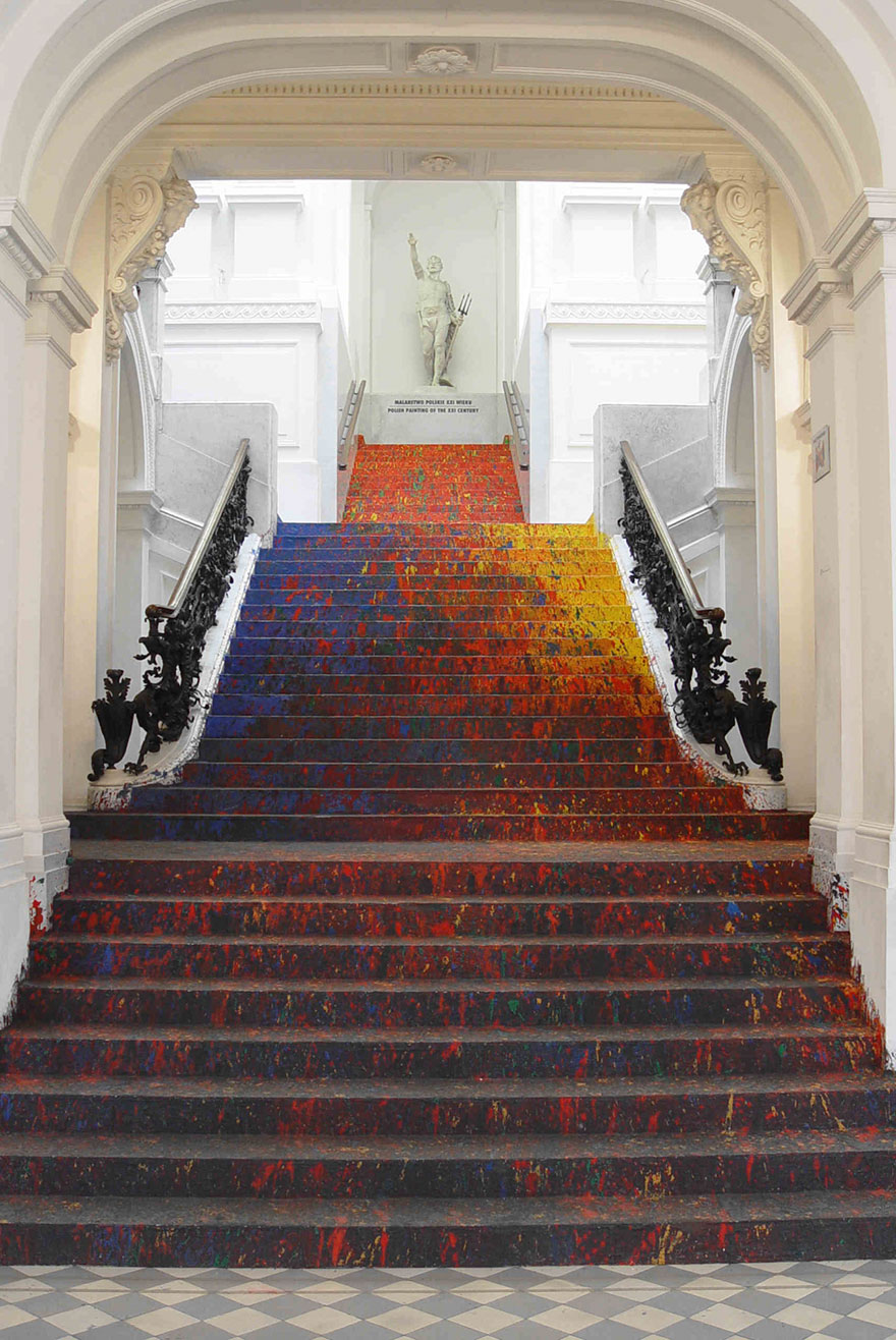 Polish Artist Splatters National Gallery's Staircase With Paint And It Looks Absolutely Beautiful