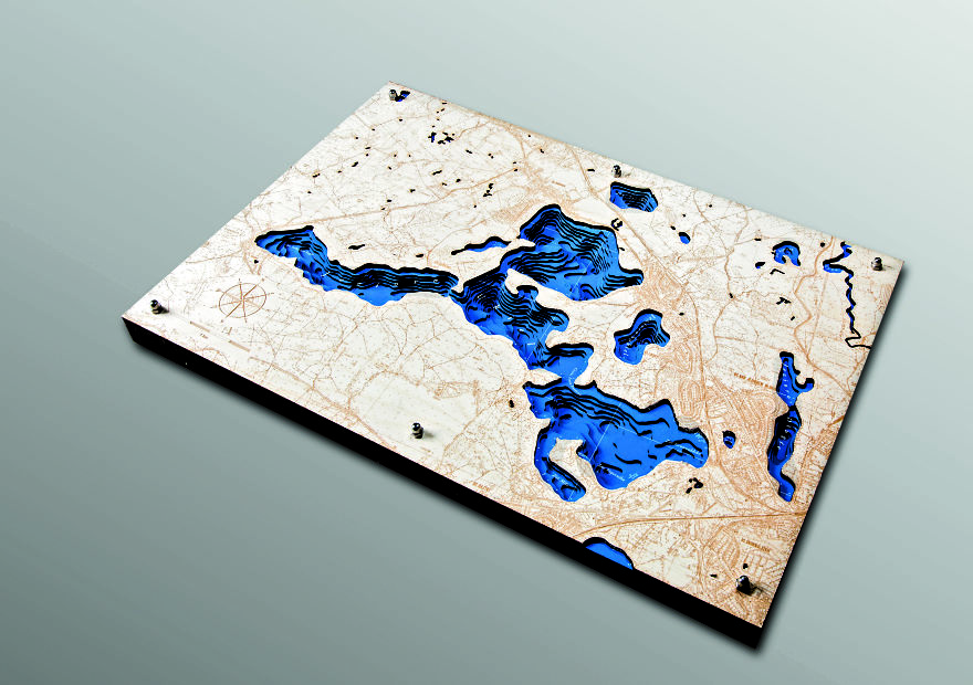 3D Laser Engraved Lake Maps From Wood And Aluminium