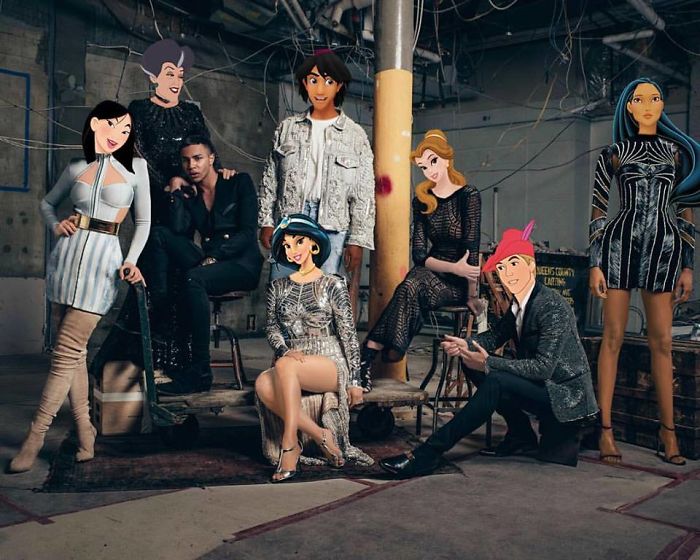 Olivier Rousteing With Disney Characters. Mulan As Kylie Jenner, Lady Tremaine As Kris Jenner, Jasmine As Kim Kardashian, Aladdin As Kanye West, Belle As Cindy Crawford, Prince Phillip As Sean O'pry & Pocahontas As Jourdan Dunn