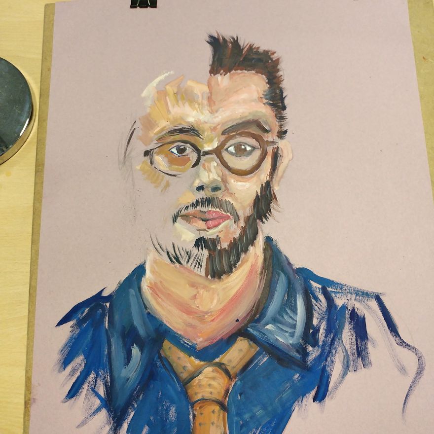 I Went To An Oil Painting Class, My Instructor Had Me Paint Half A Self Portrait. Here Are The Results.