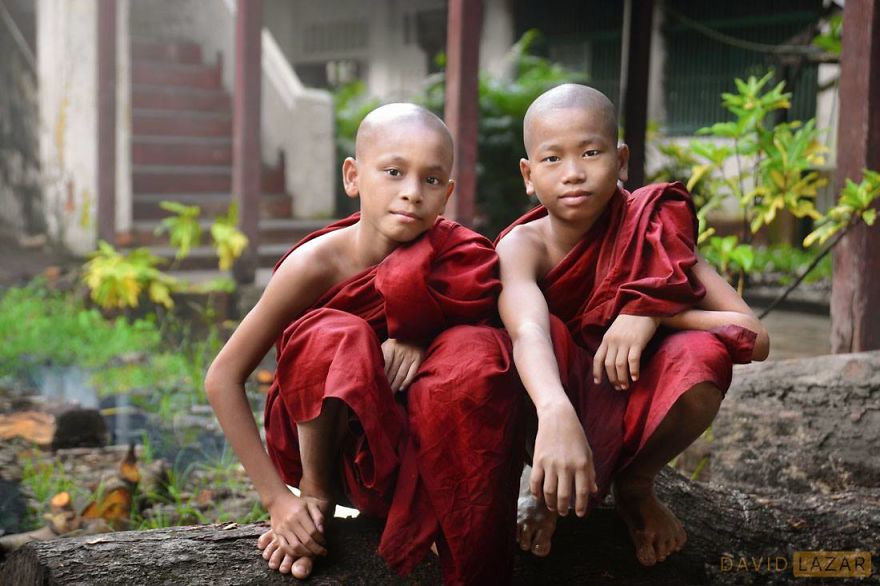 Two Monk Friends On A Log At A Monastery In Bago