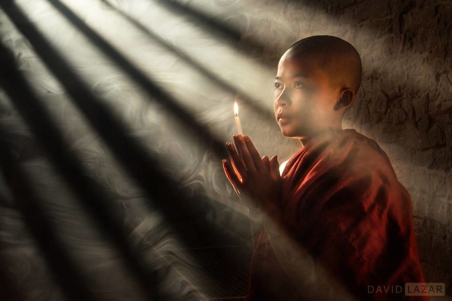 Monk In Rays Of Light. Novice Monk In Bagan