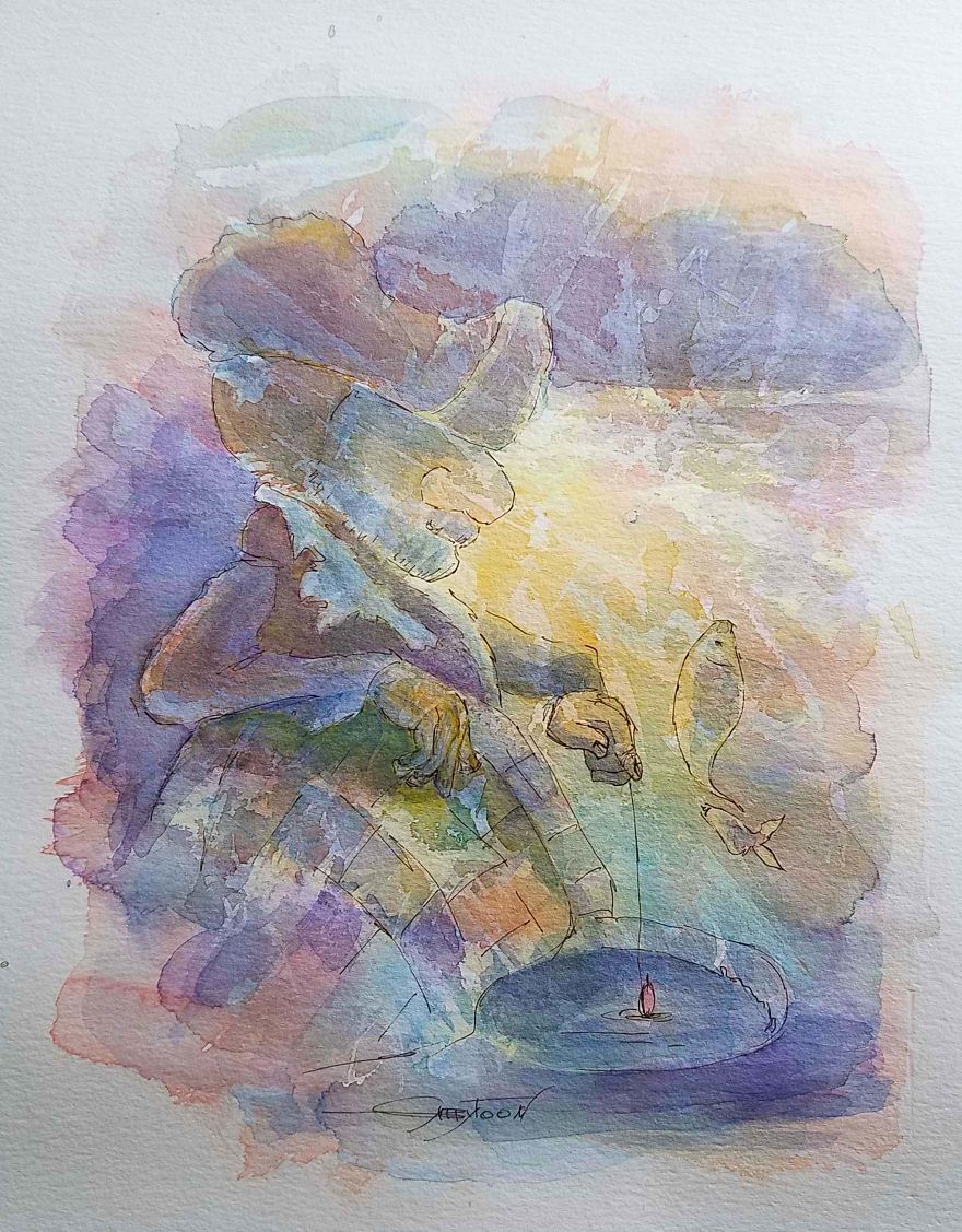 Winter Fishing Watercolor, Ink, Paper 9"x12"