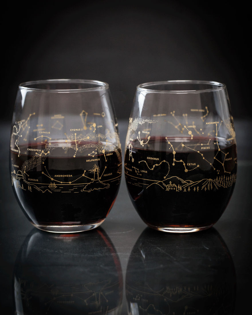 These Wine Glasses Show The Constellations In The Night Sky In Winter & Summer