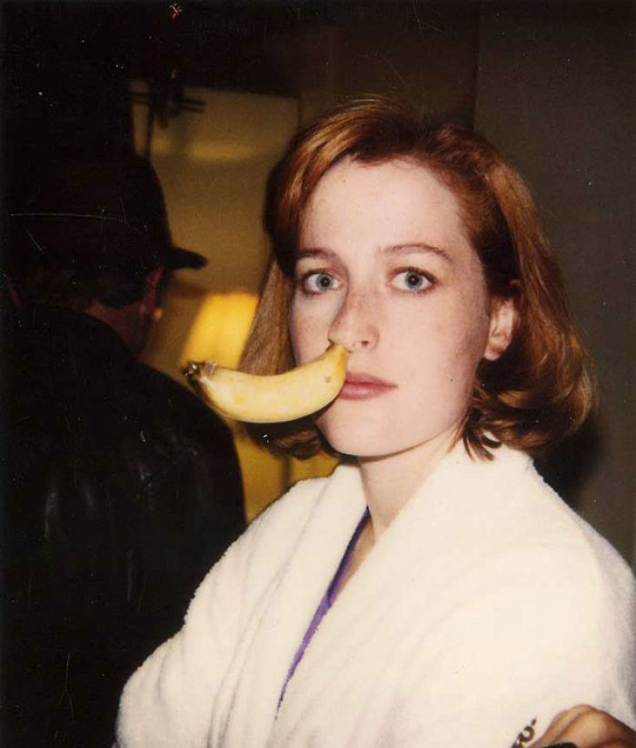 Gillian Anderson With A Banana In Her Nose On The Set Of The X-Files