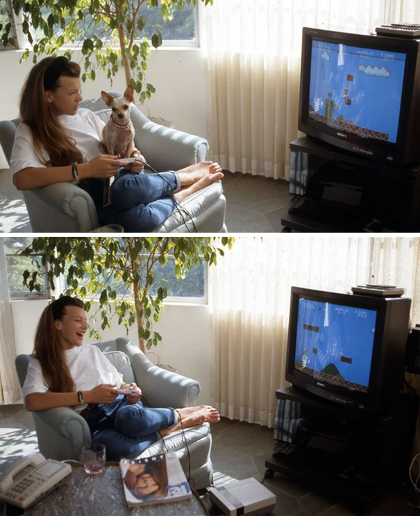 12-Year-Old Milla Jovovich Playing Super Mario Bros On Her Nintendo With Her Dog Doc
