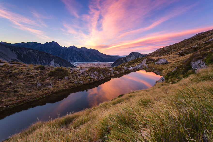 Sunrise Over The Sealy Tarns Looking Over The Tasman Valley, 1250m Up On The Sealy Range, Mount Cook National Park