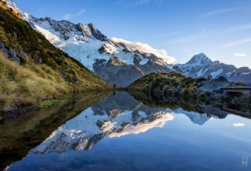 Reflective Moments At Sealy Tarns With Mount Sefton And Mount Cook, Nz