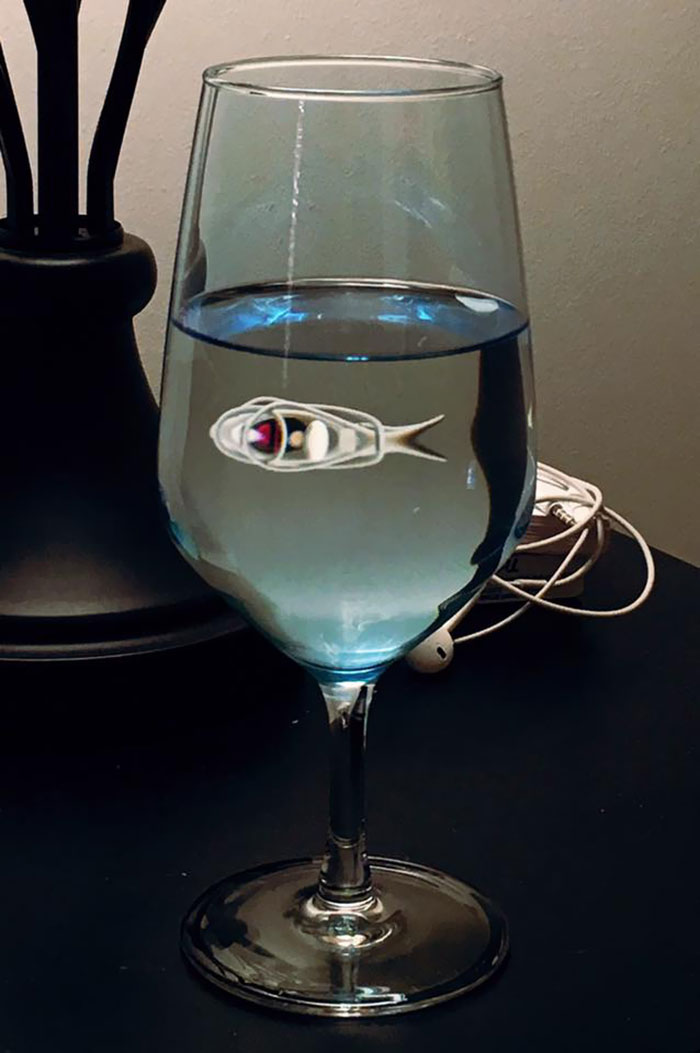 The Reflection Of My Headphones In This Water Glass Creates A Fish