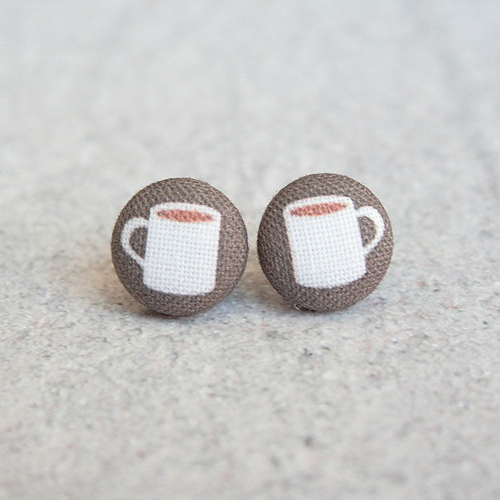 Cup Of Coffee Fabric Button Earrings