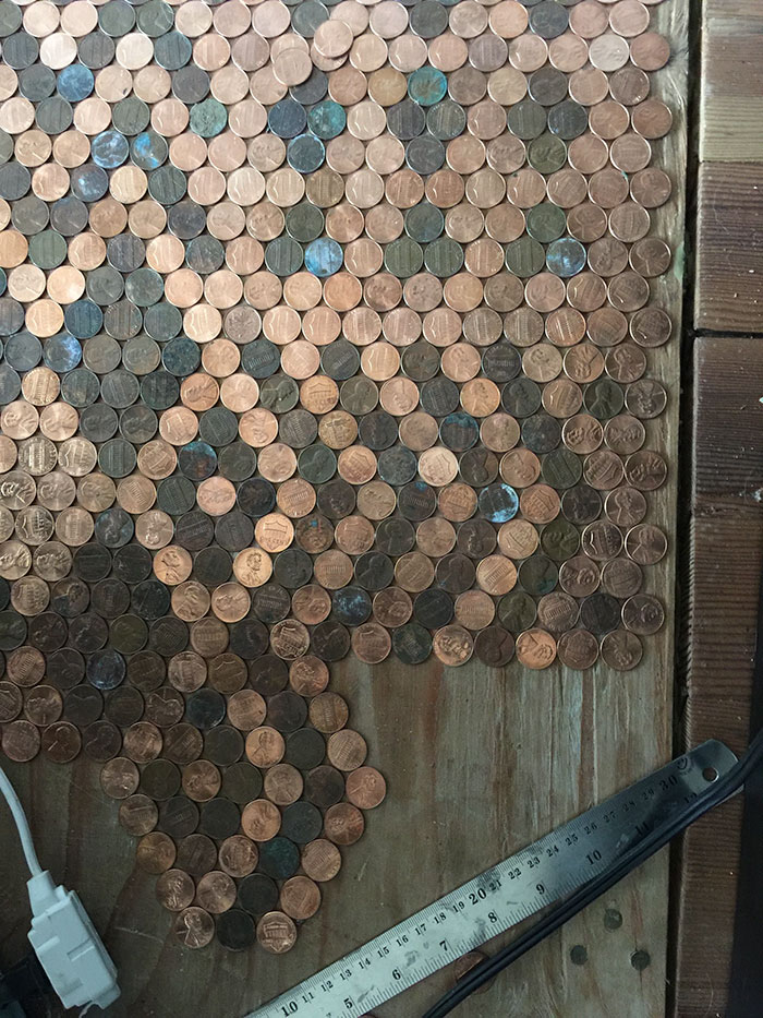 Woman Uses 13,000 Pennies To Renovate Old Floor And Turn It Into Stunning Patterns