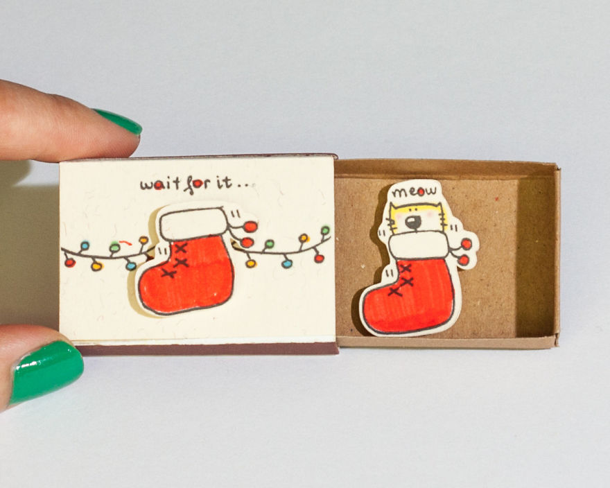 Cute Cat and Sock "Wait for it" Christmas Matchbox Card