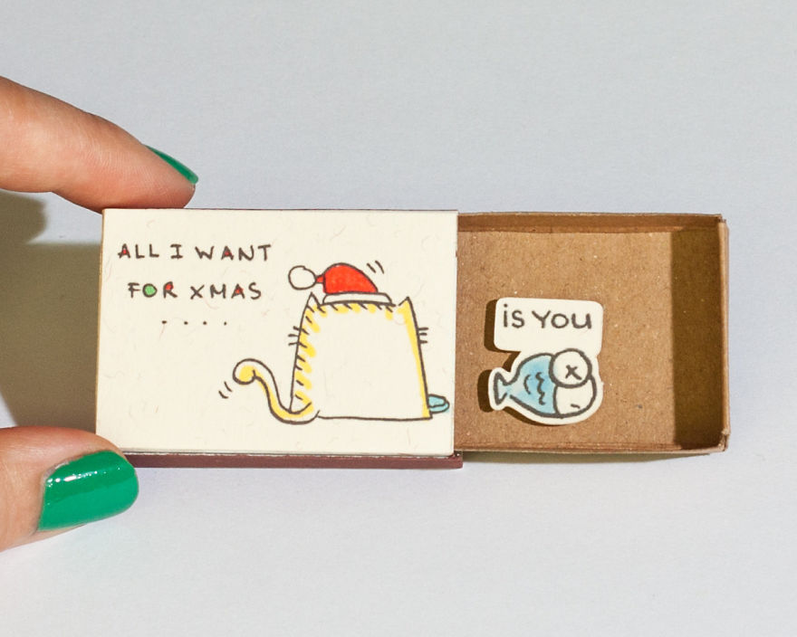 Christmas Matchbox Card "All I want for Xmas is you" Cat and Fish