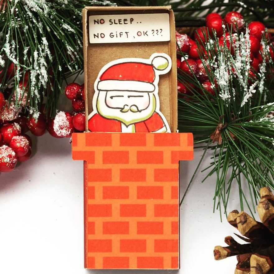 Christmas Card Cute Santa "No sleep no gift" Matchbox Card