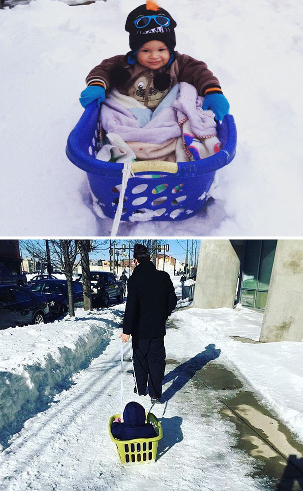 Use A Laundry Basket And Rope To Make A Pull-Along Snow Sled