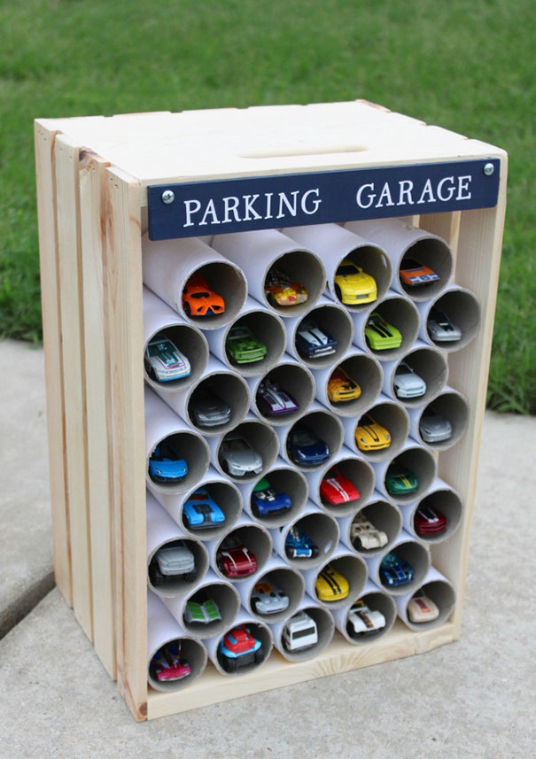 Use Toilet Paper Rolls To Create A Garage For Toy Cars