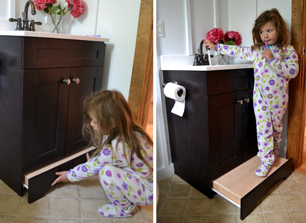 Turn A Builder Grade Vanity Into A Child Friendly Vanity By Converting The Toekick To A Step Drawer