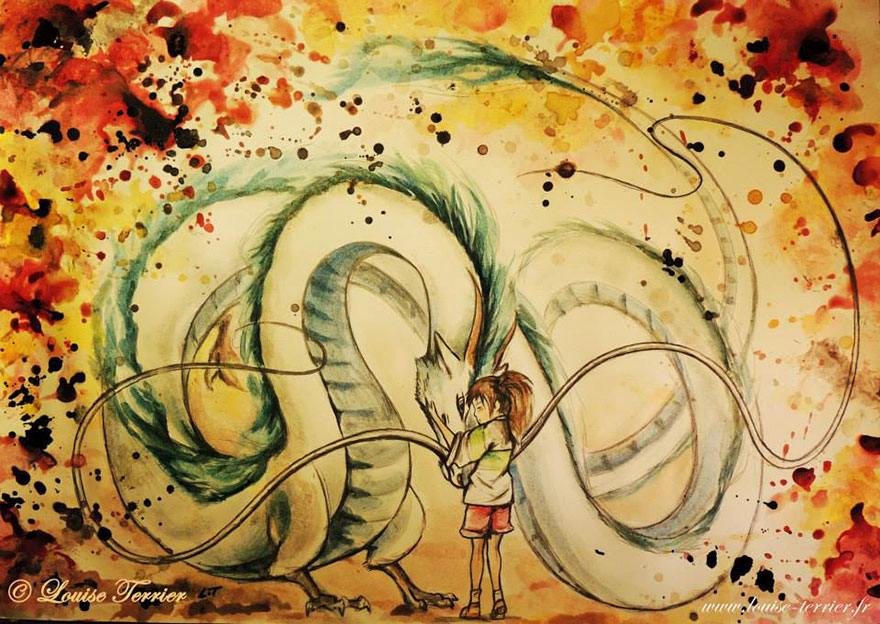 Haku And Chihiro Indian Ink Painting By Louise Terrier