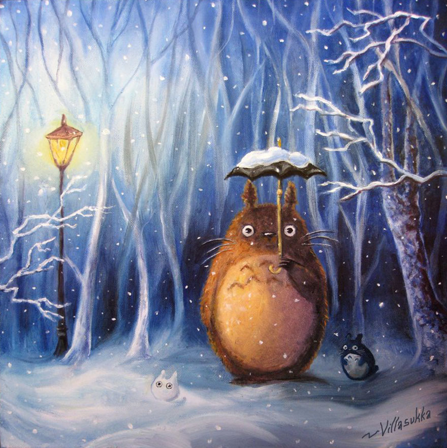 Totoro And Winter Oil Painting By Villasukka