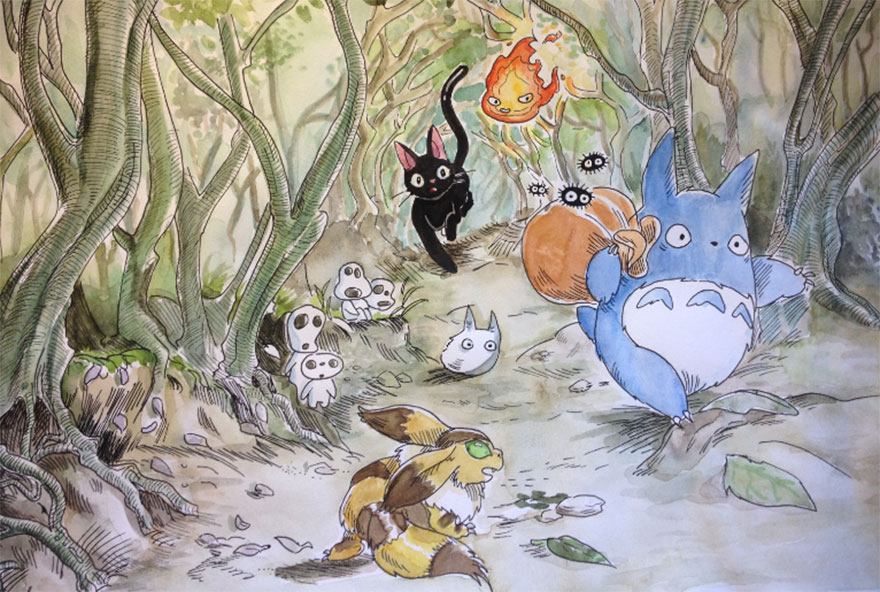 Ghibli Mash Up Watercolor And Ink Painting By A-malgame