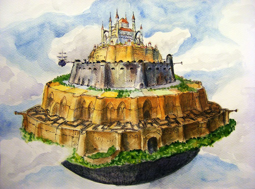 Laputa: Castle In The Sky Aquarel And Pen Painting By Lilla