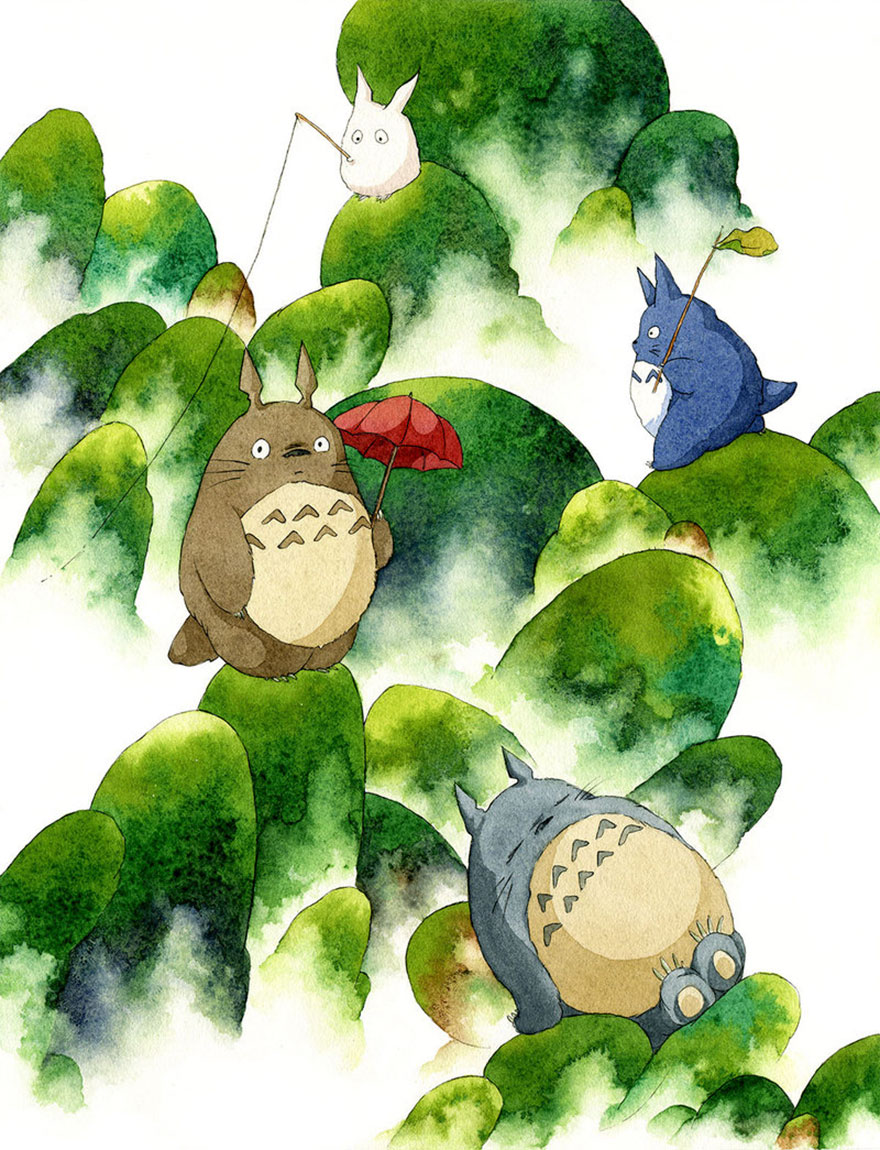 Totoro Neighbors Watercolor And Pen Painting By Calmality