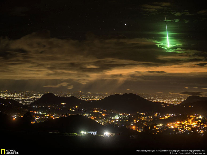 Honorable Mention, Landscape: Serendipitous Green Meteor, India