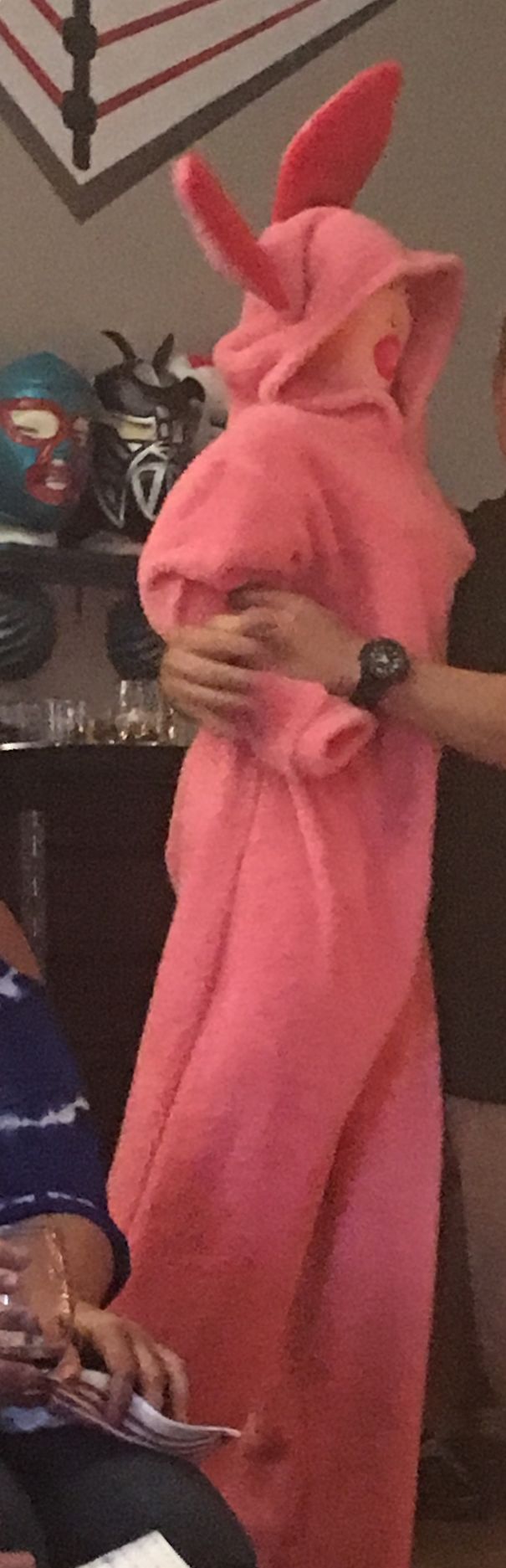 Someone Put A Blowup Doll In The White Elephant Exchange... There Were Kids Present So We Put Her In The Bunny Suit From A Christmas Story.