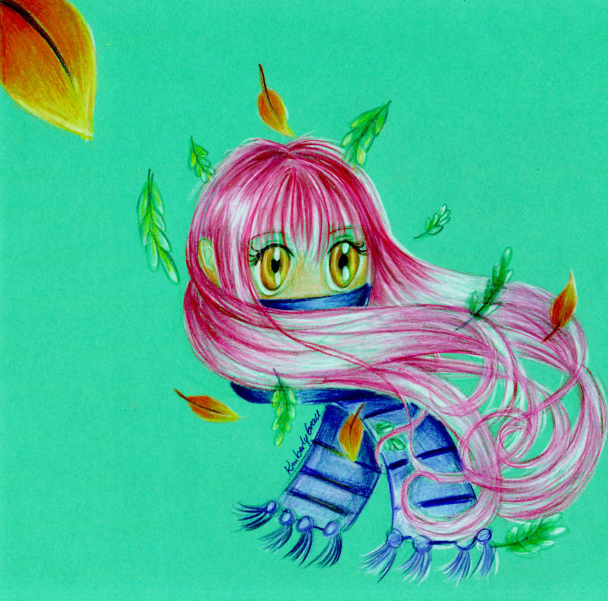 I Created A Set Of Manga Girls By Hand Using Color Pencils And The Complementary Color Scheme