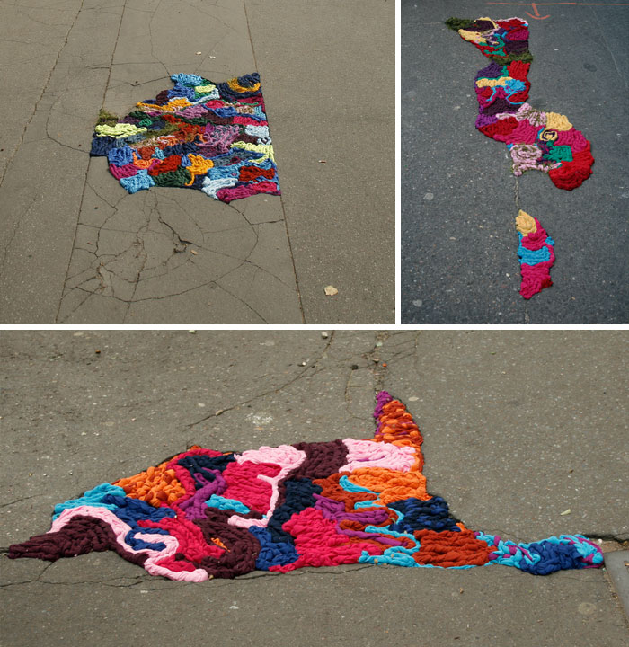 Potholes Filled With Braided Strips Of Colourful Fabric