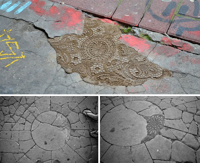 Chipped And Pitted Sidewalk Repaired With Intricate Patters In Multiple Forms