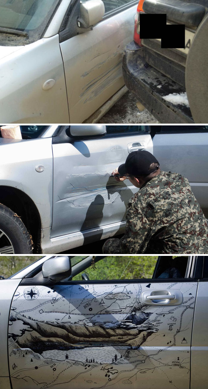 When A Truck Bumped This Russian Man’s Car, He Decided To “Fix” It In The Most Creative Way