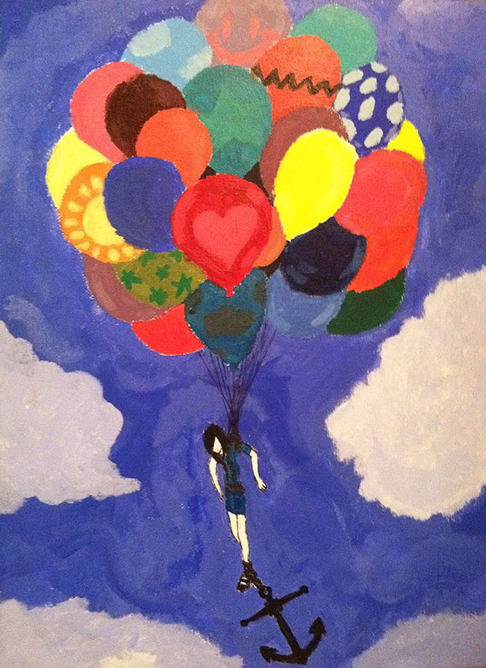 a colorful drawing of a man flying on the balloon with an anchor on his legs