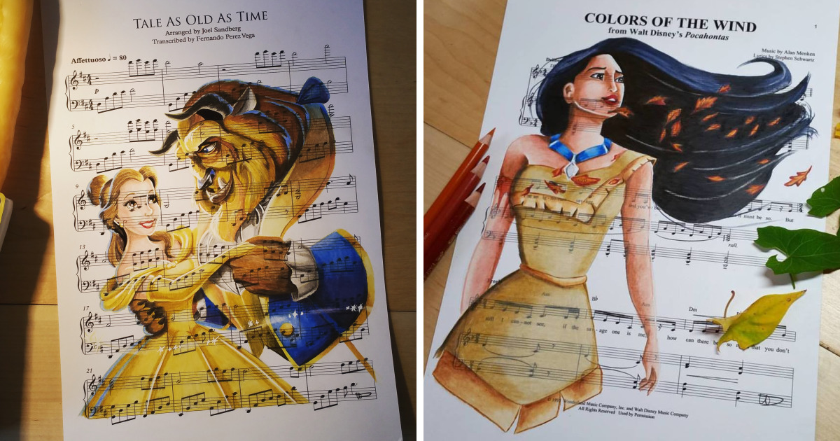 I Draw Scenes From Famous Animated Movies On Music Sheets Of Their