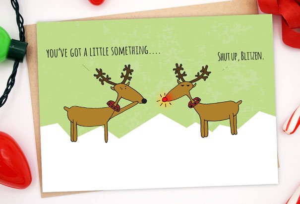 Red Herrings Cards. Funny Christmas Card Reindeer Theme 