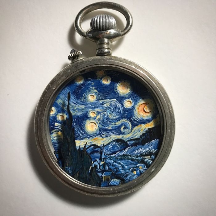 I Created A ‘Starry Night’ Miniature Painting Inside A Vintage Pocket Watch