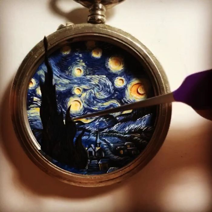 I Created A 'Starry Night' Miniature Painting Inside A Vintage Pocket Watch