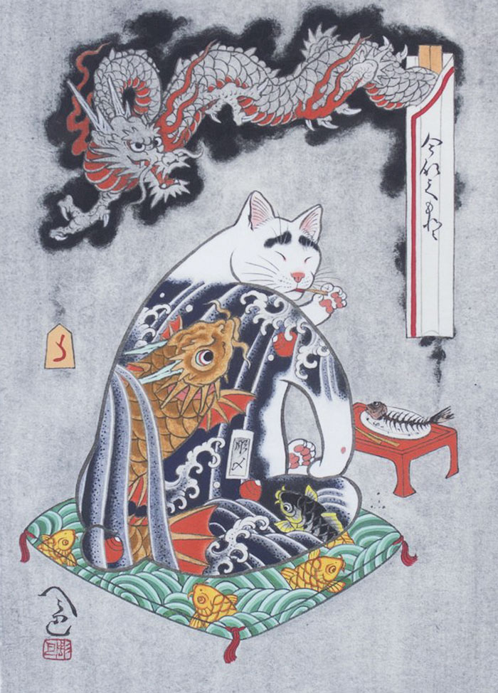 Cats Tattooing Each Other In Surreal Japanese Ink Wash Paintings