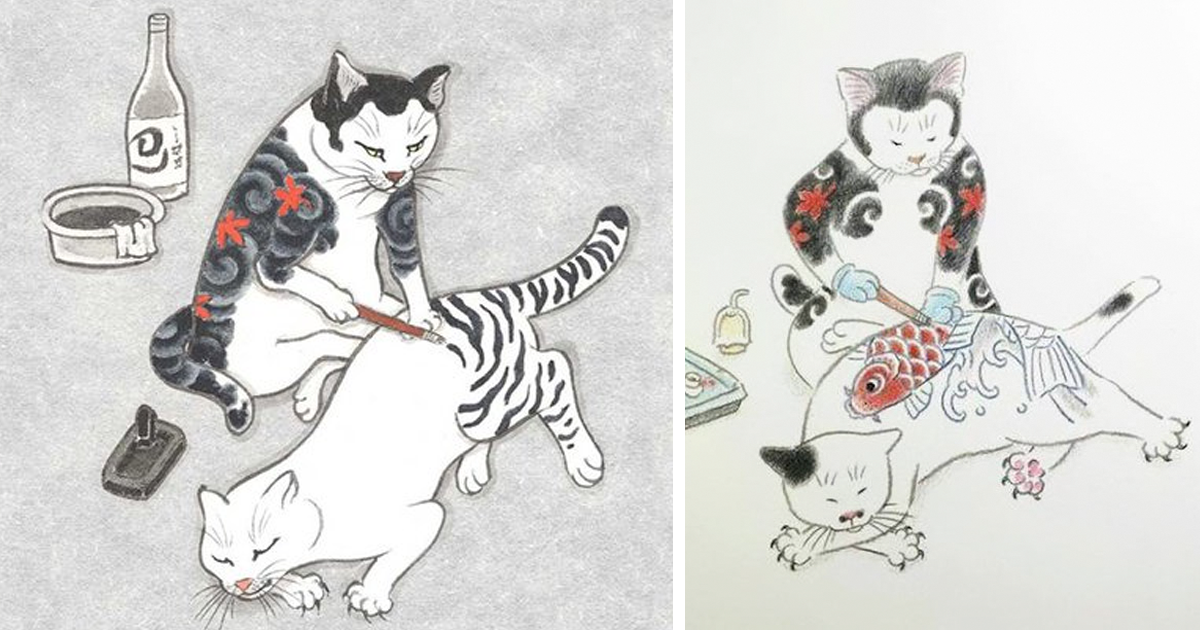 Cats Tattooing Each Other In Surreal Japanese Ink Wash Paintings Bored Panda