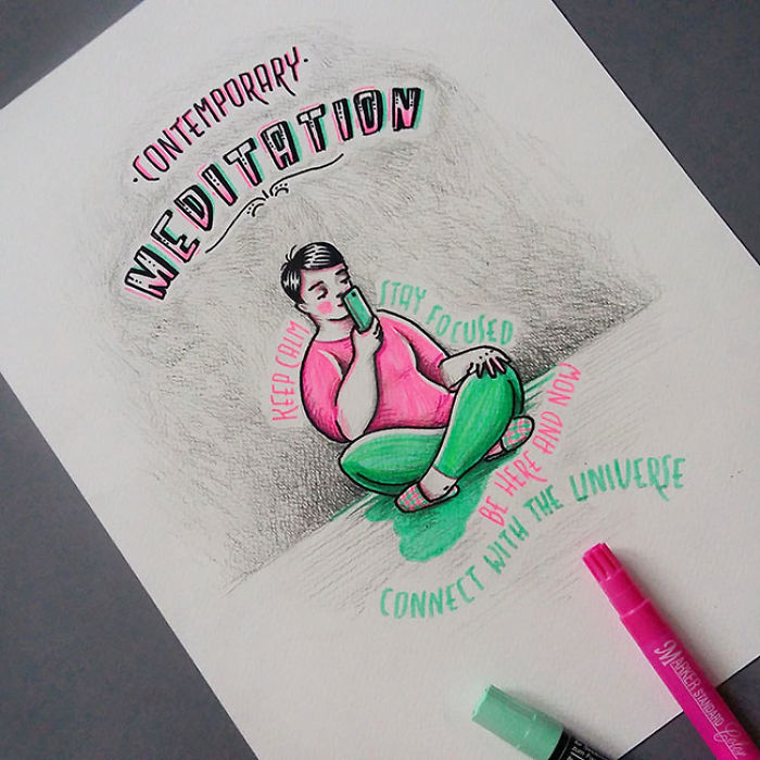 Ironic Hand Lettered Series Of Illustrations About Our Contemporary Lifestyle