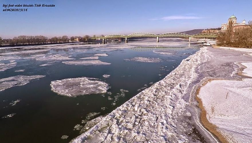 Hungary, The Danube In Esztergom Ice Breaking (aerial Photography And Aerial Video)